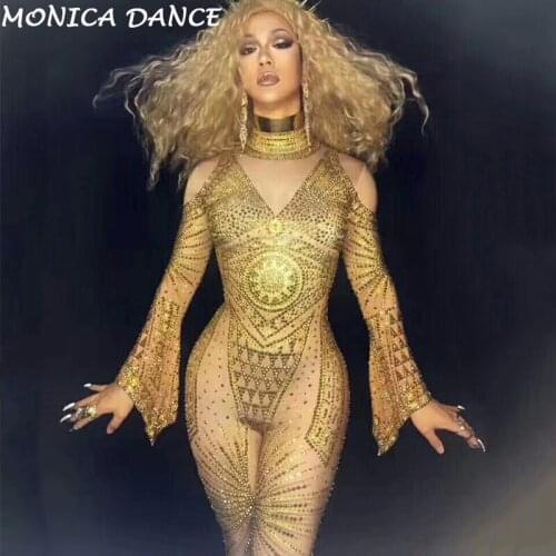 Sexy Stage Gold Rhinestones Nude Jumpsuit Sexy Nice Bodysuis Full Crystals Stage Wear Costume Prom Birthday Celebrate Outfit