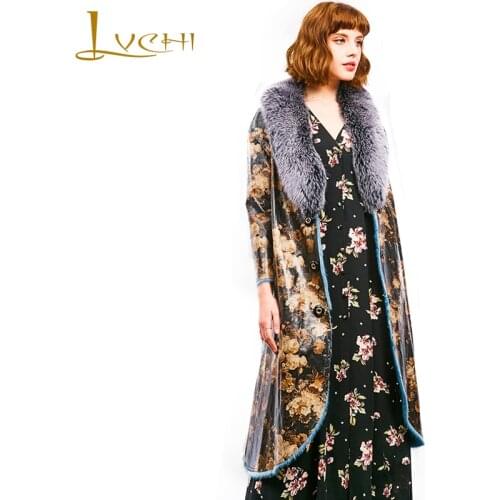 LVCHI Winter 2019 Imported Mink Coat Womens With Fox Fur Collar Natural Fur Coats Mink Coat Print Flower Slim Mink Fur Coats