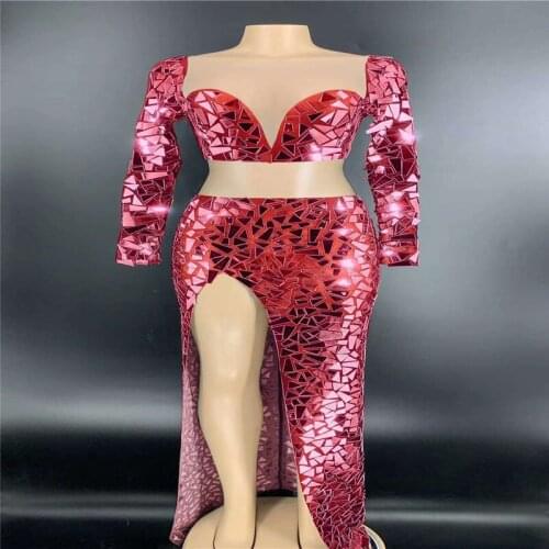 V68 Cosplay dance stage costumes colorful mirror glass evening dress long sleeve green mirrors split stretch skirt party outfit