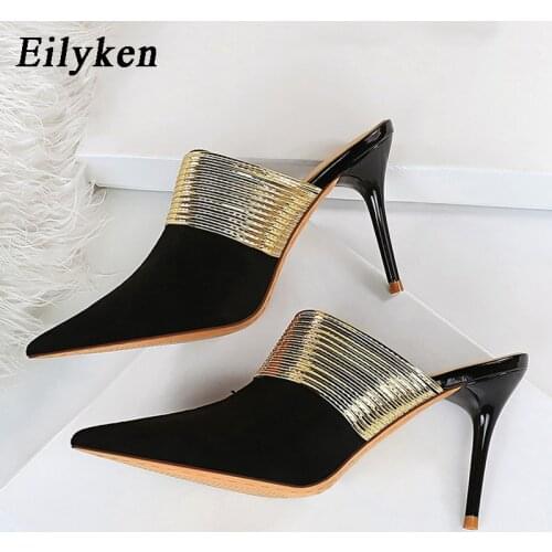 Eilyken Fashion Patent Leather Pointed Toe Slip-On Mules Slippers Women Thin High Heels Sandals Ladies Party Shoes Woman Pumps