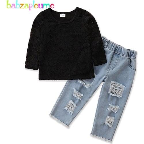 Spring Fall Baby Girl Clothes Set Fashion Black Lace Flower Long Sleeve T-shirt+Toddler Hole Pants Boutique Kids Clothing BC2072