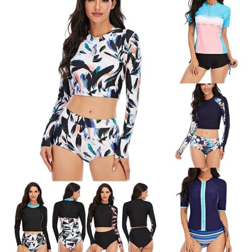 Vikionfly 2021 Floral Sport Surfing Long Sleeve Swimming Suit For Women Two Piece Tankini Swimsuits Women Swimwear Bathing Suit