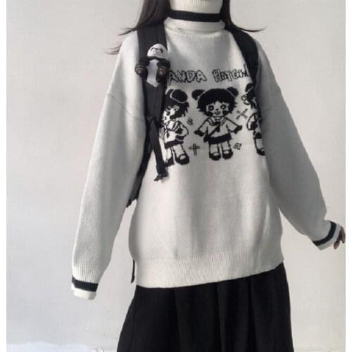Japanese Gothic Harajuku Cartoon Knitted Sweater Girl Korean Kawaii Cute Pullover Women Ulzzang Sweet Turtleneck Jumper Knitwear