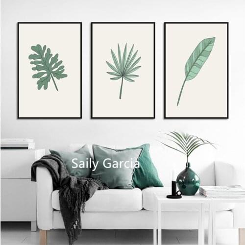 Green Painted Cartoon Leaves Pictures Wall Art Canvas for Living Room Decoration No Framed