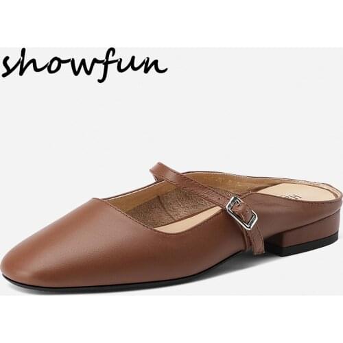 Womens genuine leather slip-on flats slides metal buckle square toe casual daily mules summer mary jane female sandals shoes