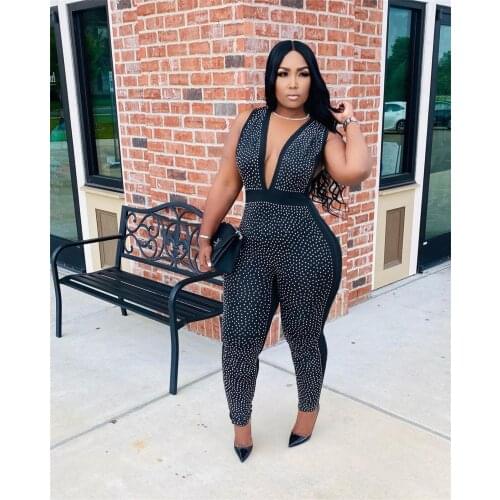 2021 High Quality New Design Jumpsuits Solid Diamond V-neck Sleeveless Sexy Night Club Bodycon Rompers