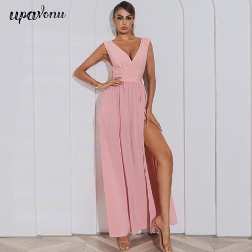 Free Shipping High Quality Patchwork Bandage Long Dress Sexy V-neck Sleeveless Split A-line Dress Celebrity Club Party Vestidos