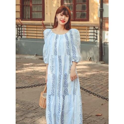 Summer New Korean Instagram Web Celebrity With Embroidered Loose Dress Bohemian Travel Holiday Style Printed Long Dress