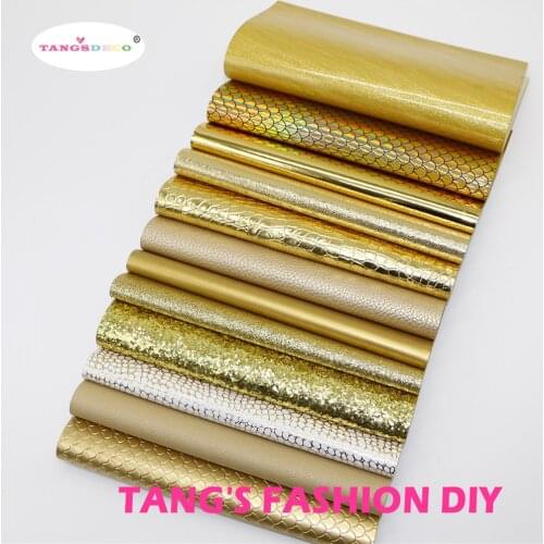 12pcs-20X22CM DIY Hair Bow Material NEW MIX STYLE Gold Color Mix PU Synthetic Faux Leather