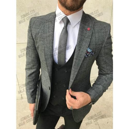 2021 Houndstooth Plaid Men Suits For Wedding 3 Pieces Business Suit Tuxedos Blazer Peaked Lapel Costume Homme Terno Party Suits