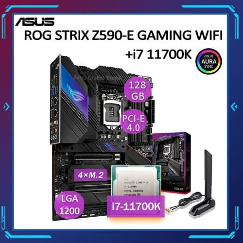 Asus LGA 1200 ROG STRIX Z590-E GAMING WIFI Z590 With Intel Core i7-11700K Motherboard Set PCI-E 4.0 DDR4 128GB Placa-mãe Kit New