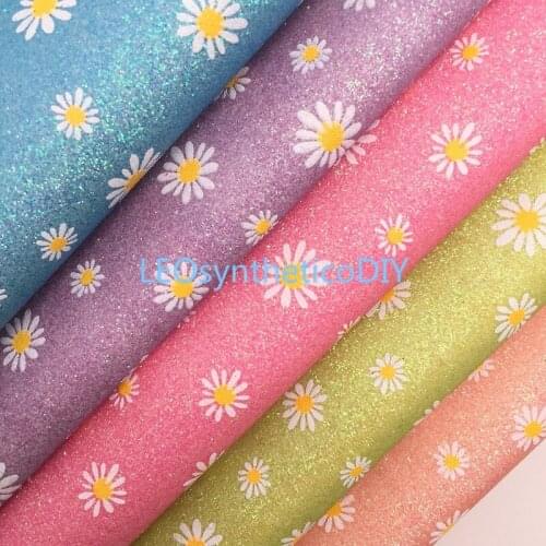 1PC 21X29CM Glitter Fabric, Small daisies Printed Glitter Leather Sheets For Making Bows LEOsyntheticoDIY T458