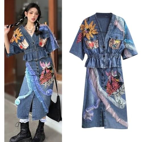 Women Heavy Work Embroidery Sequined Flower Appliques Short Batwing Sleeve Denim Coats Ruffles Long Cut Denim Jeans Skirts SY054