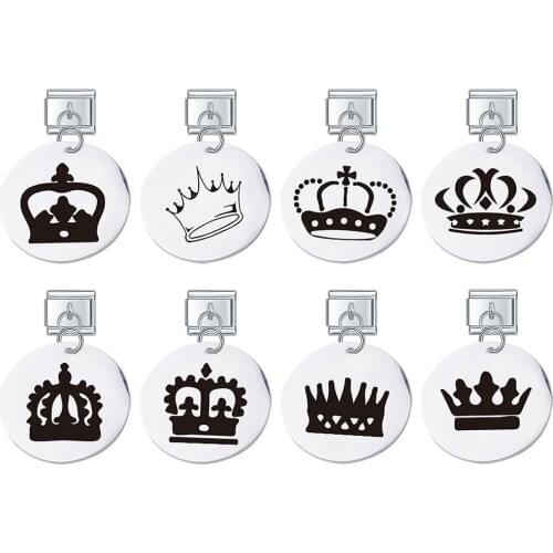 Hapiship 2021 New Women/Men Laser 20mm Round Crown Charm Links Fit 9mm Stainless Steel Bracelet Jewelry DIY Making DJ407
