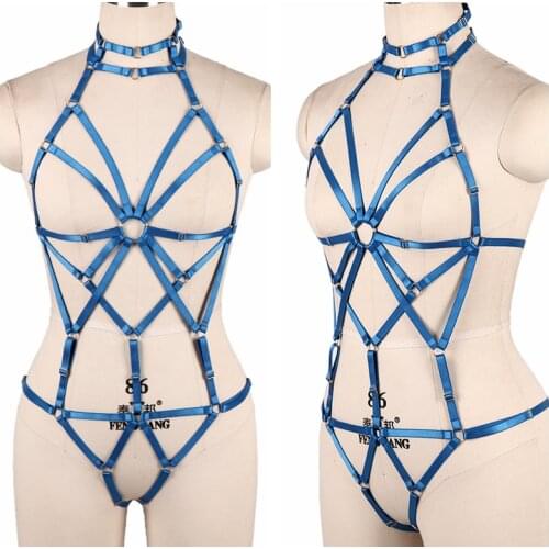 Blue Harness Bra Sexy Lingerie Full Set Punk Goth Night Rave Body Cage Top Panties Suspender Adjust Garter Belt Hollow Out Women