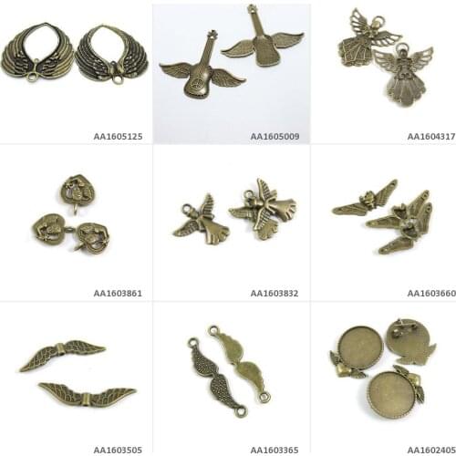 Antique Bronze Plated Jewelry Making Charms Pinback Round Brooch Cabochon Setting Angel Wings Connector Loose Beads Pirate Skull