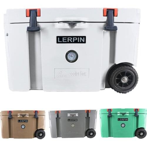 Lerpin latest design 70QT Plastic PU Foam insulated fishing rolling rotomolded camping cooler box