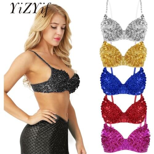 Women Fashion Tank Tops Summer Sexy Sparkle Sequins Beading Padded Bra Top for Raves Dances Club Wear Belly Pole Dancing Wear