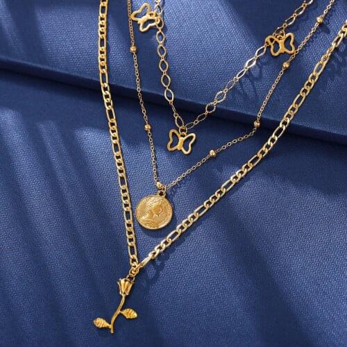 Creative New Rose Flower Hollow Butterfly Necklace Pendant Women Fashion Gold Color Multilayer Exquisite Chain Necklaces