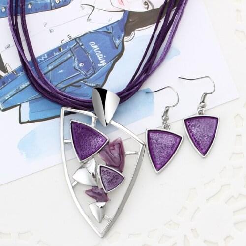 Vintage Silver Geometric Shaped Necklace Drop Earrings Enamel Lucite Charms Fashion Boho Jewelry Sets Chocker Necklace Set