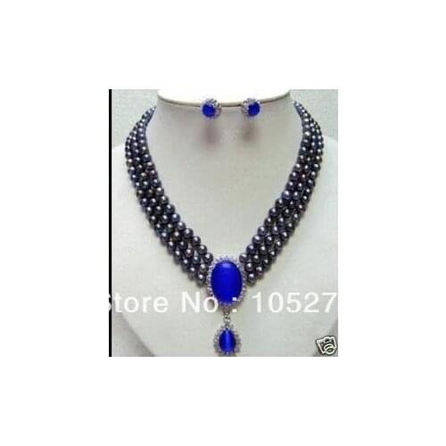 Pretty Rare Black 6-7mm Black Freshwater Pearl Pendant Necklace Earrings Jewelry Set Womens Gift Style New Free Shipping