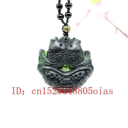 Natural Black Green Jade Obsidian Carp Pendant Pisces Necklace Fine Jewelry Carved Amulet Fashion Charm Gifts for Women