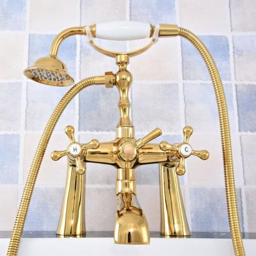 Luxury Gold Color Brass Deck Mounted Bathroom Tub Faucet Dual Handles Telephone Style Hand Shower Clawfoot Tub Filler atf784
