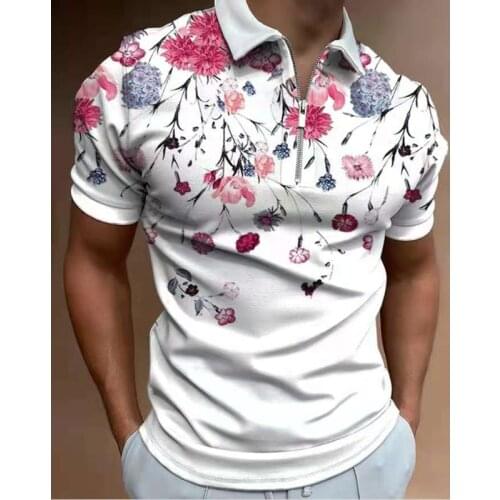 Summer Fashion Tops For Men Polo Shirt Floral Print Patchwork Short Sleeve Loose Casual Mens Turn-down Collar Zip-up Polo Shirt