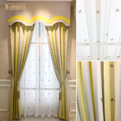 Custom Embroidery Cartoon Yellow and White Stripe Curtains for Childrens Room Boys and Girls Bedroom Curtains Polyester Cotton