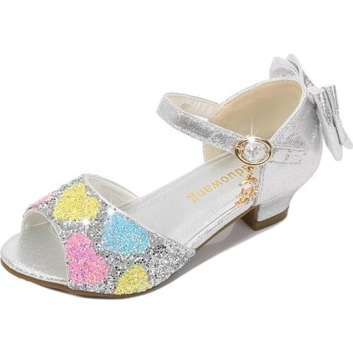 Girls High Heels Princess Wedding Dress Shoes 2020 Summer Childrens Sandals Baby Sequins Glitter Kids Shoes Girl Crystal Shoes