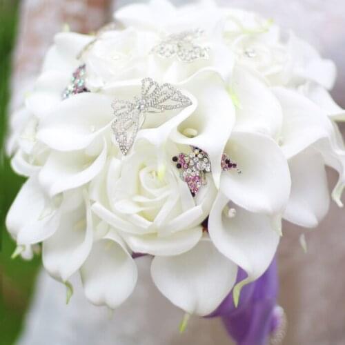 PU white calla bridal bouquet, pearl wedding brides bouquet Bridesmaid bouquet, Ribbon color optional simulation bouquets decor