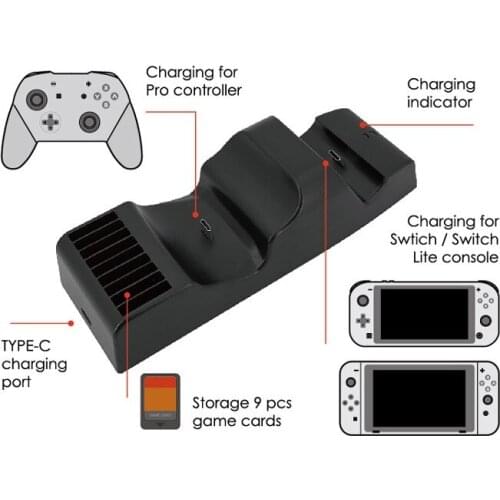 LED Dual USB Charging Dock Station Stand Charger Holder + Type C Cable for Switch and NS Switch Lite Console & Pro Controller
