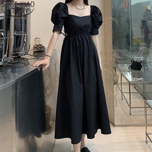 Vintage Short Puff Sleeve Midi Long Dresses 2021 New Office Lady Elegant Dress Women Summer Niche French Style Black Dress 14502