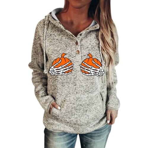 Female Korean Crew Neck Sweatshirts Humor Skull Print Long Sleeve Hooded Blouse Comfy Buttons Drawstring Sweater Streetwear Top