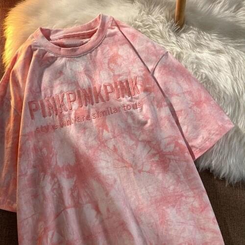 Short Sleeve Women T-shirts Letter Embroidery Tie Dye Oversize Hip Hop Loose Korean Style All-match Students Simple Chic O-neck