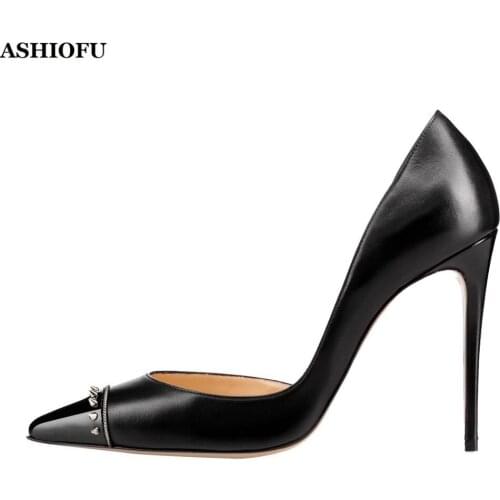 ASHIOFU Hot Sale Handmade Ladies High Heel Pumps Party Prom Rivets Spikes Slip-on Shoes Pointy Evening Fashion Court Shoes KL010