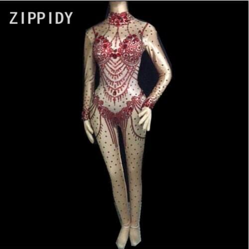 Fashion Black Red Sparkly Rhinestones Jumpsuit Womens Dance Party Prom Bodysuit Nightclub Female Singer Show Stage Rompers