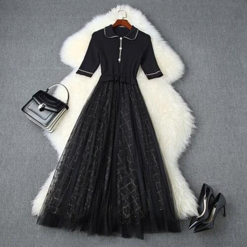 2020 New Spring Autumn Sexy Long Dress Elastic Knitting Women Slim Dress Womanliness Retro Patchwork Mesh Holiday Party Dresses