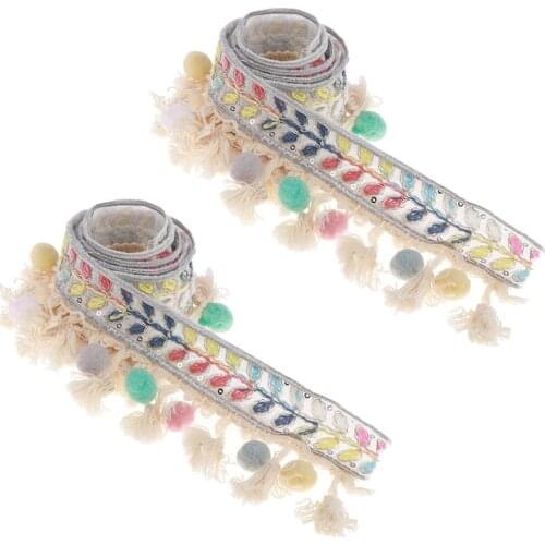 2 Yards Ethnic Style Ball Fringed Lace Jacquard Ribbon with Pompom Ball Trim