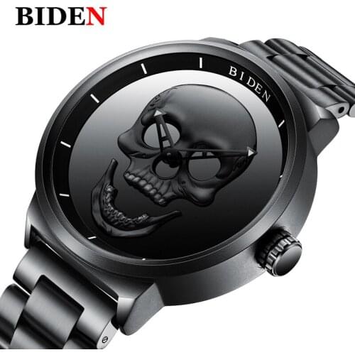 2018 Unique Punk 3D Skull Retro Big Dial Mens Watches High Quality Full Steel Quartz Watch Male Black Clock Relogio Masculino
