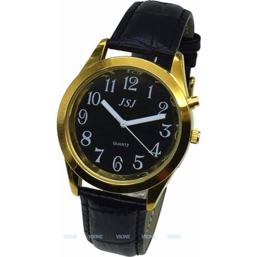 English Talking Watch with Alarm Function, Talking Date and time, Black Dial, Black Leather Band, Golden Case TAG-807
