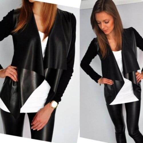 Spring Autumn Womens Turn Down Collar Coats Ladies Waterfall Cardigans Long Sleeve Coat Open Front PU Jacket Solid Color Tops