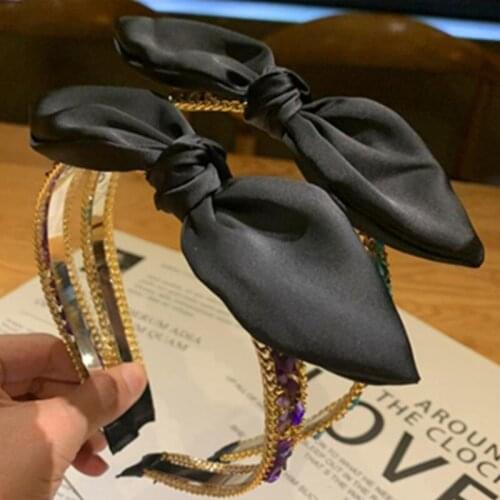 Women Antique Style Black Bow Knotted Hairband with Crystals Stones Teen Girls Hair Accessories Bowknot Headband Tiny Hair Hoop