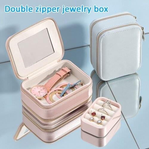 Travel Jewelry Box with Mirror 3 Layers Rings Earrings Necklace Holder Case Portable PU Jewelry Organizer for Women Girl JW