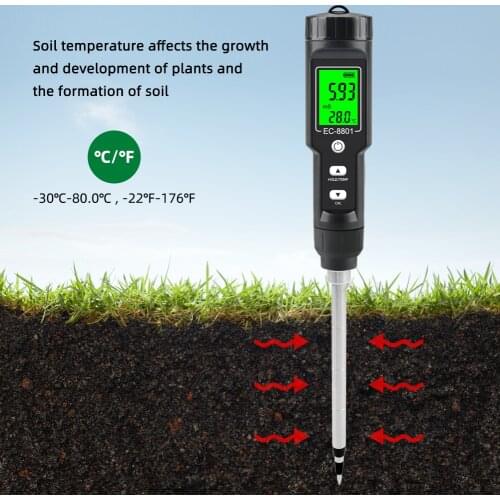 Soil EC Meter Temperature Tester Measurement Analysis Digital Backlit LCD Display Waterproof Instrument for Testing Planting