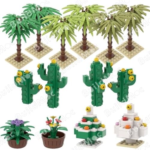 Bricks Coconut Tree Plants Flowers Grass Cactus Mushroom DIY Moc Accessories Building Block Toys For Children Kids Birthday Gift