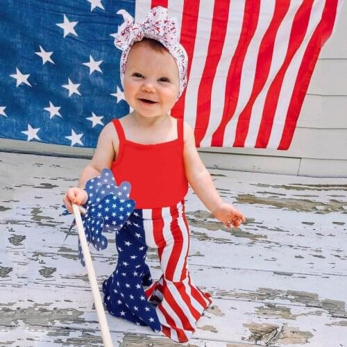 TELOTUNY Infant Baby Girl 4th-of-July Strap Romper Tops Flag Stars stripes Bell-Bottoms Pants+Headband Independence Day Set 3PC