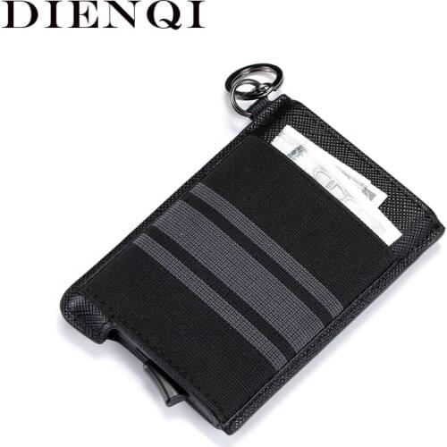 DIENQI Mens Leather Credit Card Bag Metal Rfid Anti Card Protection Pop-up Cards Box Business Cash Pocket Case Bank Card Holder