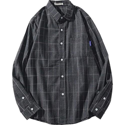New Plaid Shirt Men Loose Lapel Printed-button Clothing Casual Long Sleeve Top 2021 Fashion Korean Harajuku Checkered Male Shirt