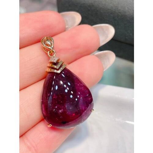 LR Rubillite Tourmaline Pendant Real 18K Gold Natural Rubillite Tourmaline 30ct Gemstones Diamond Pendant Necklace